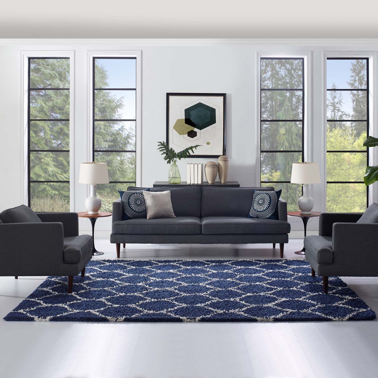 area rugs | CasaFoyer Solvea Moroccan Trellis Shag Area Rug | Navy/Ivory | 8x10 ft | Durable Polypropylene | Non-shedding Plush Shag Weave | Easy to Clean | Elegant & Cozy | casafoyer.myshopify.com