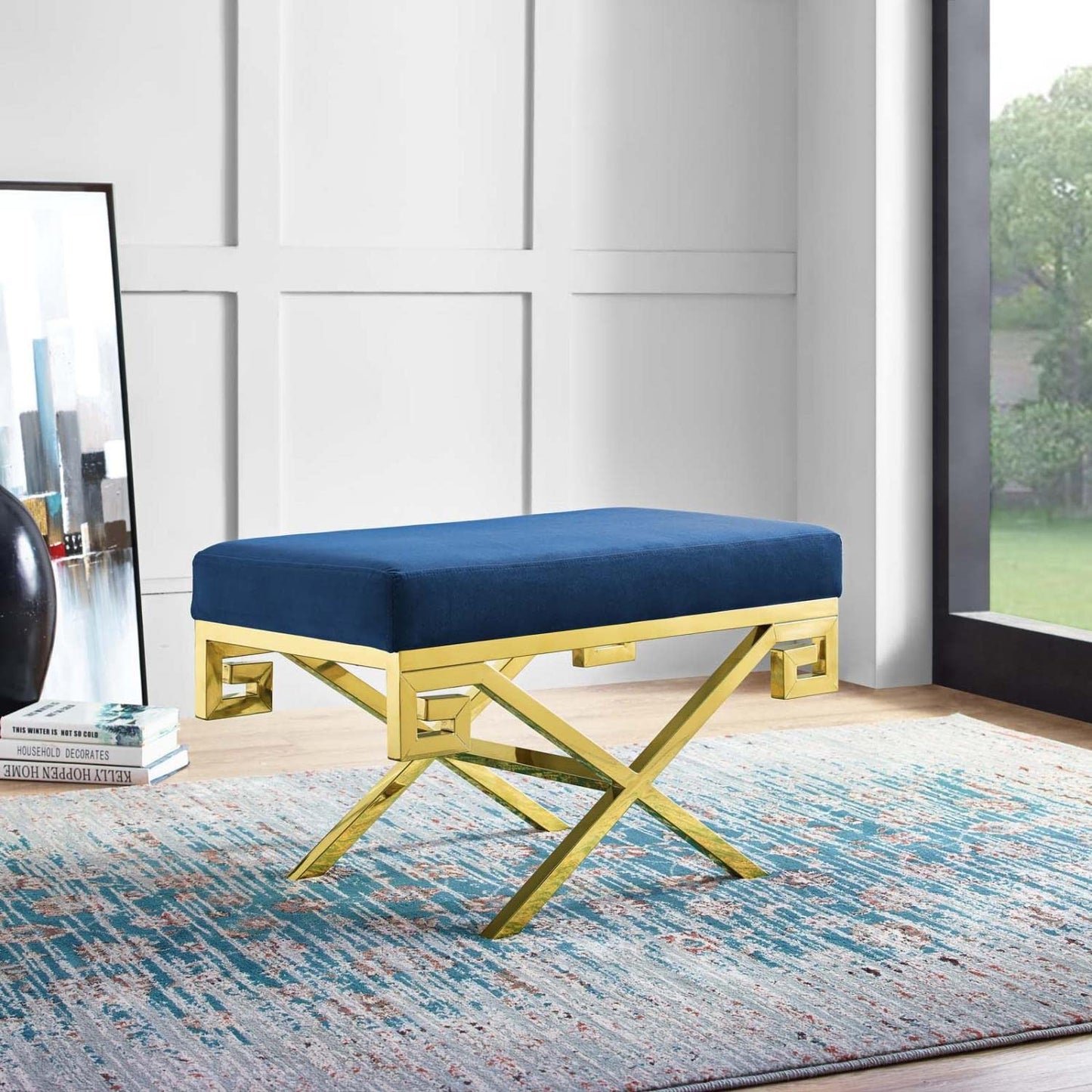 ottomans | CasaFoyer Rove Performance Velvet Accent Bench | Gold Stainless Steel Base | Greek Key Pattern | Plush Stain-Resistant Upholstery | 331lb Capacity | casafoyer.myshopify.com