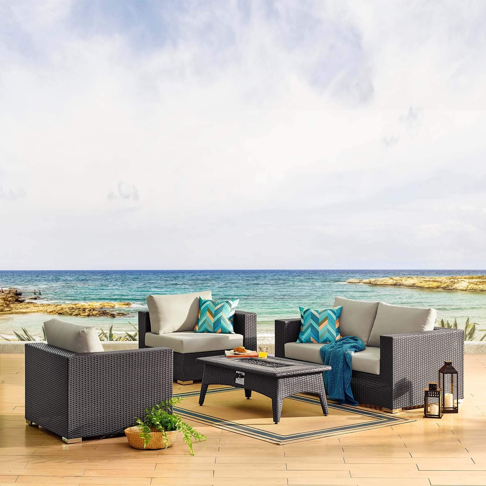 kitchen and dining room sets | CasaFoyer Convene Outdoor Patio Furniture Set | Fire Table | Aluminum Frames | Water & UV-Resistant Cushions | Realistic Rattan & Wood Appearance | Perfect for Entertaining | Includes 4 Corner Pieces & 1 Fire Pit | casafoyer.myshopify.com