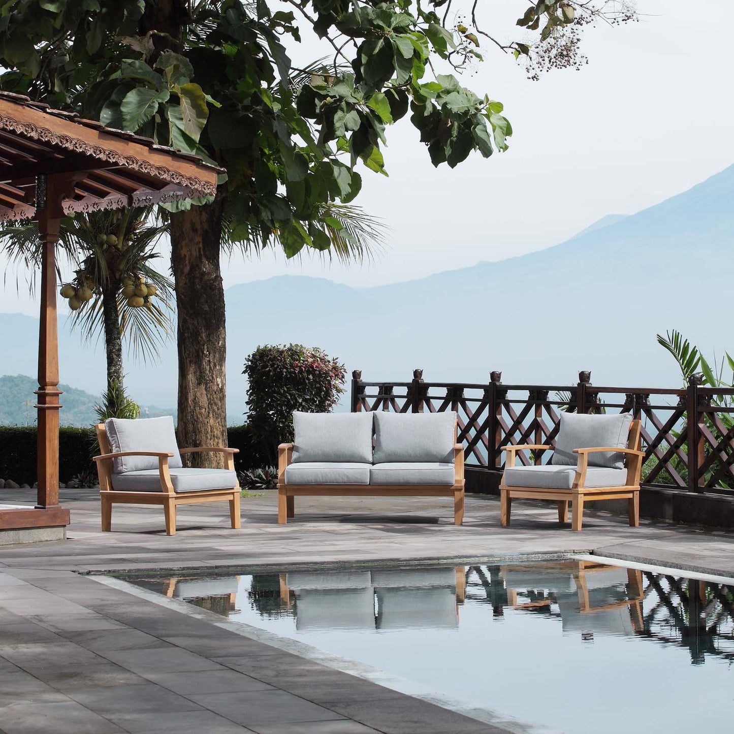 Patio Furniture Sets | Marina Teak Wood Outdoor Patio Furniture Sofa Sectional Set | Luxury, Durable, All-Weather Cushions | Modern Design | Includes Sofa & Armchairs | casafoyer.myshopify.com