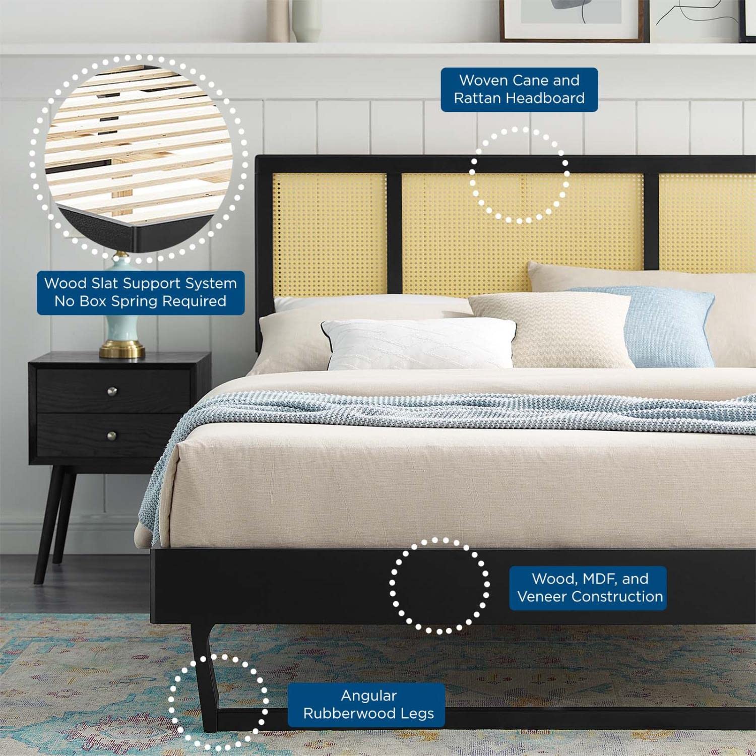 Bed | CasaFoyer Kelsea Woven Cane Rattan Wood Full Platform Bed | Retro Style | Organic Aesthetics | Durable Construction | No Box Spring Needed | Easy Assembly | 601 lbs Weight Capacity | casafoyer.myshopify.com
