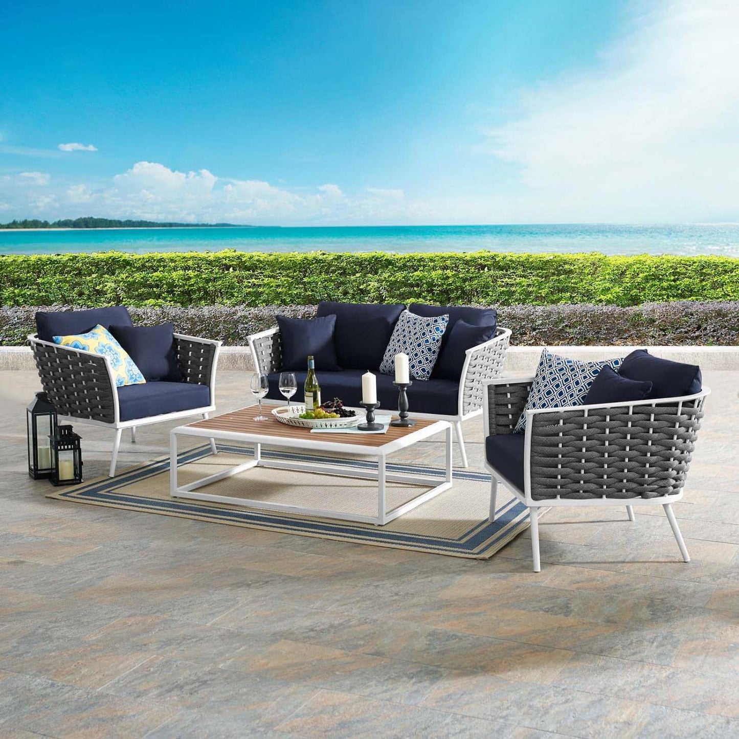 kitchen and dining room sets | CasaFoyer Stance Outdoor Collection | Modern Design | Aluminum Frame | Waterproof Cushions | 4 Piece Set - White Navy | casafoyer.myshopify.com