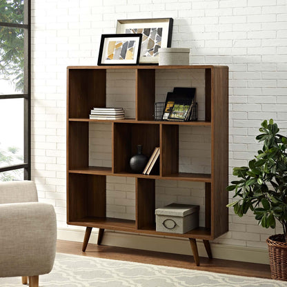 bookcases | Ergode Transmit Walnut Grain Laminate Bookcase | Stylish Mid-Century Design | 3-Tiered with Offset Shelf Dividers | Perfect for Living Room or Entryway | casafoyer.myshopify.com