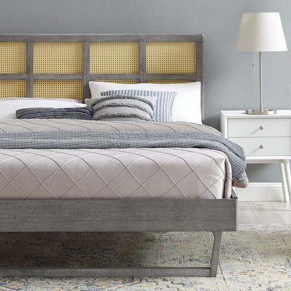 Bed | CasaFoyer Sidney Woven Cane Rattan Wood Queen Platform Bed | Retro Charm, Natural Beauty | Mid-Century Design | Durable, No Box Spring Needed | Gray | casafoyer.myshopify.com