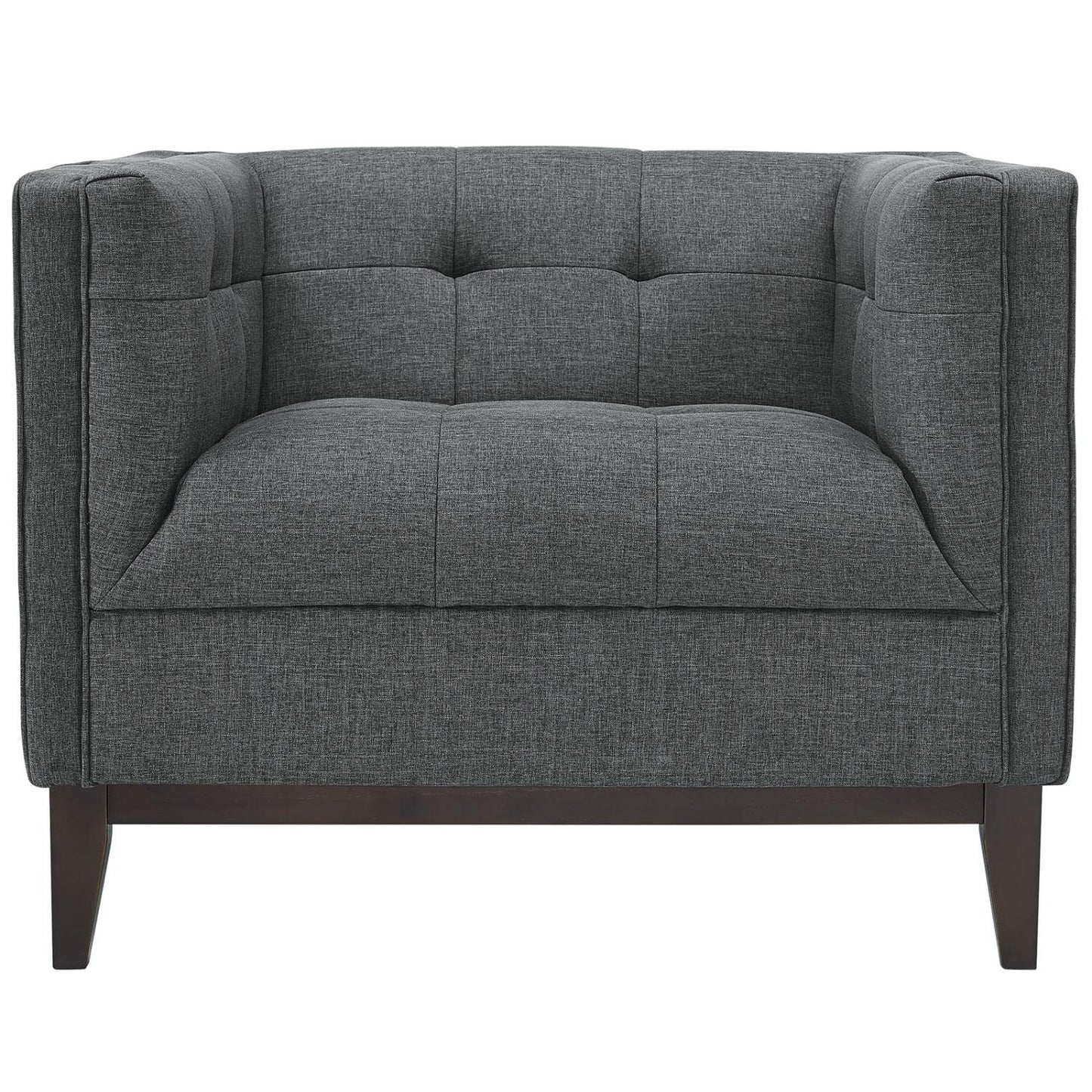 Chair | Serve Armchair | Tufted Buttons | Polyester Upholstery | Comfortable Seating | Walnut Stained Legs | Non-Marking Foot Caps | Perfect for Living Rooms, Lounges, and Reception Areas | casafoyer.myshopify.com