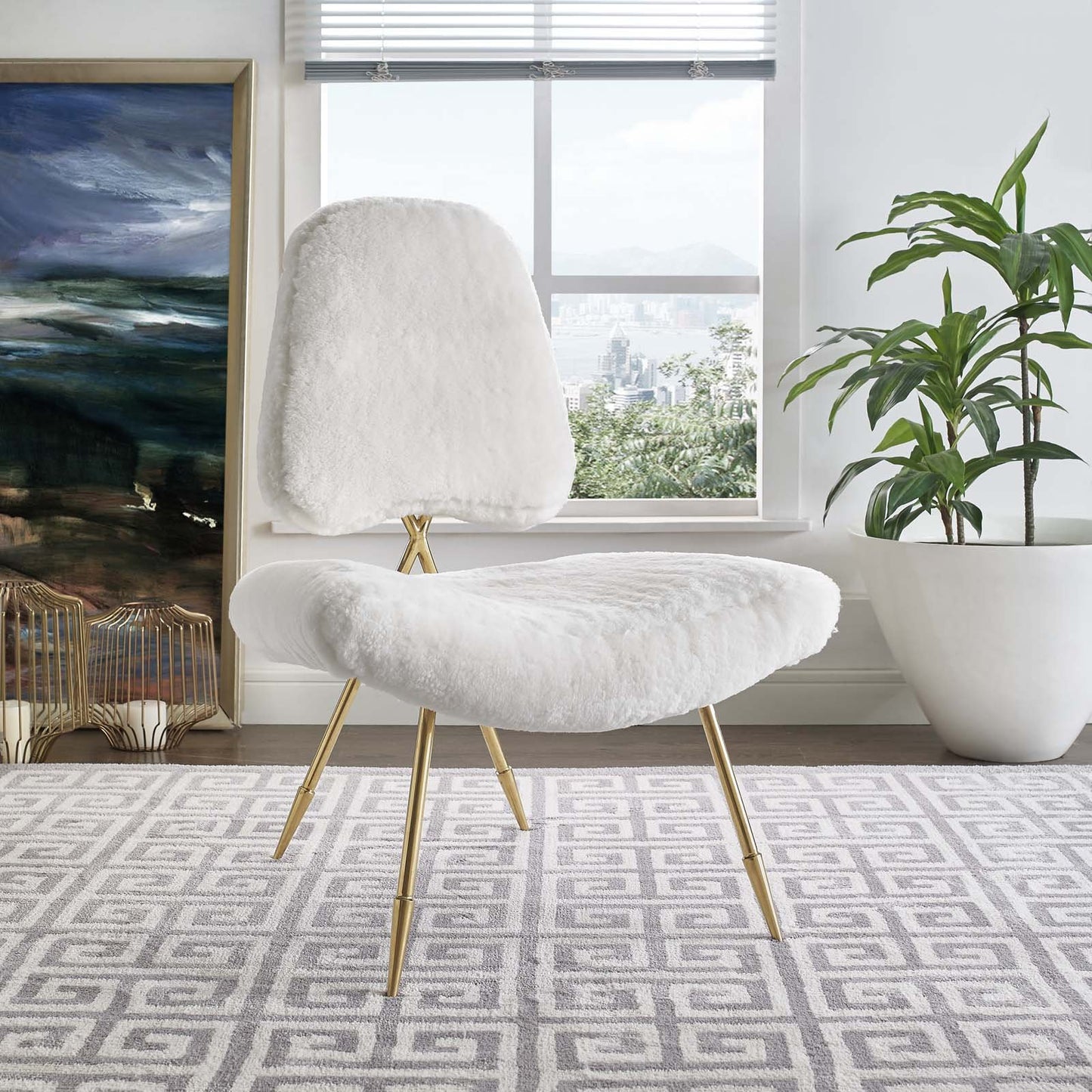 home office desk chairs | CasaFoyer Ponder Lounge Chair | Comfortable High-Density Foam Seat | Ergonomic Support | Luxurious Sheepskin Fur | Sturdy Gold Stainless Steel Frame | Modern Living Room or Bedroom Chair | White | casafoyer.myshopify.com