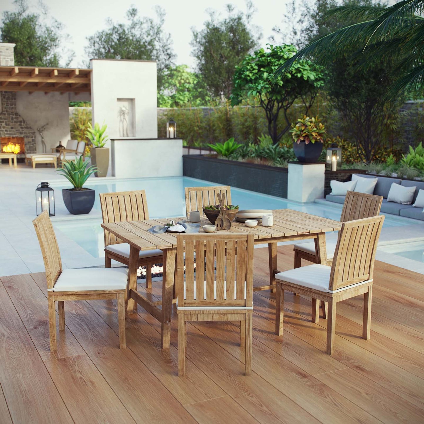 kitchen and dining room sets | CasaFoyer Teak Wood Outdoor Set | Marina Collection | 7 Piece Dining Set with Dorset Table & 6 Marina Side Chairs | Durable & Weather-Resistant | Assembly Required | casafoyer.myshopify.com