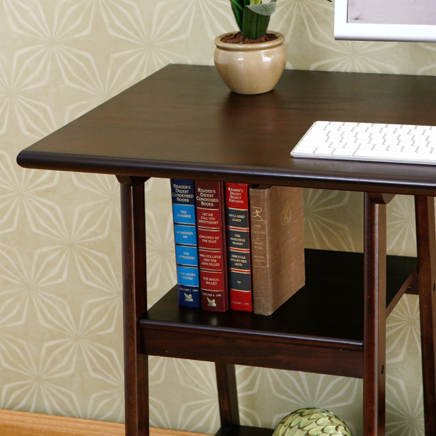 Desk | Langston | Espresso Sawhorse Desk | Minimalist Design | Captivating Grain | A-Frame Legs | Spacious Work Surface | 2 Shelves | Modern Farmhouse Style | casafoyer.myshopify.com