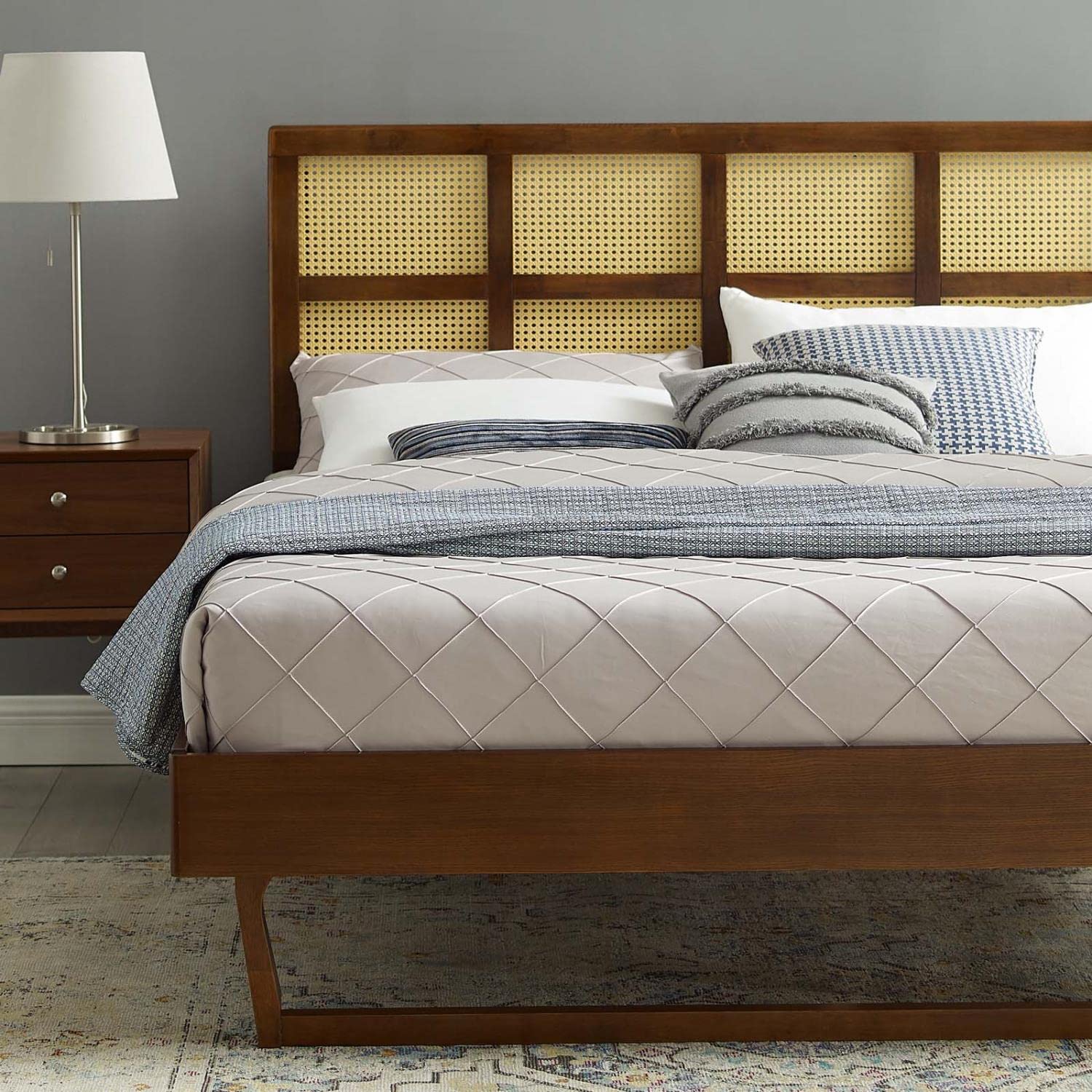 Bed | CasaFoyer Sidney Woven Cane Rattan Wood Queen Platform Bed | Retro Charm | Natural Beauty | Mid-Century Design | Durable Construction | No Box Spring Needed | casafoyer.myshopify.com