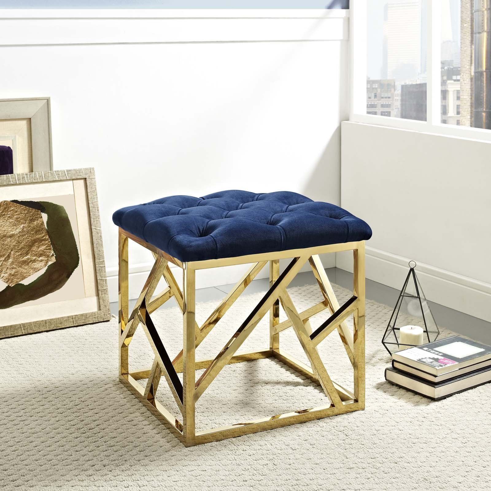ottomans | CasaFoyer Intersperse Ottoman | Polished Stainless Steel Base | Tufted Velvet Top | Non-Marking Footpads | 331 lbs Weight Capacity | casafoyer.myshopify.com