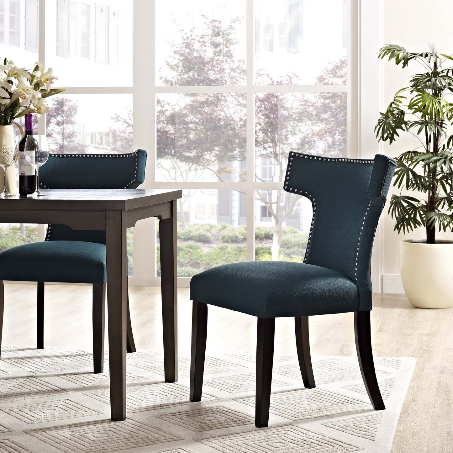 home office desk chairs | CasaFoyer Curve Dining Side Chair | Elegant Design | Nailhead Trim Detailing | Dense Foam Padding | Polyester Fabric Upholstery | Tapered Wood Legs | Non-Marking Foot Caps | Enhance Dining Ambiance | 1 Chair | casafoyer.myshopify.com