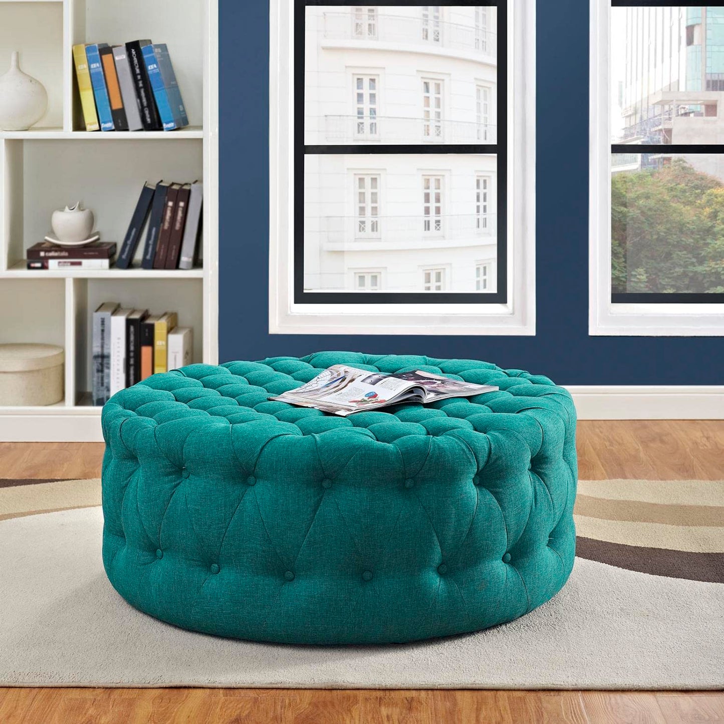 ottomans | CasaFoyer Amour Round Ottoman | Elegant Tufted Design | Plush Foam Padding | High-Quality Fabric Upholstery | Non-Marking Legs | Versatile for Bedroom, Living Room, Lounge, Office | Teal | casafoyer.myshopify.com