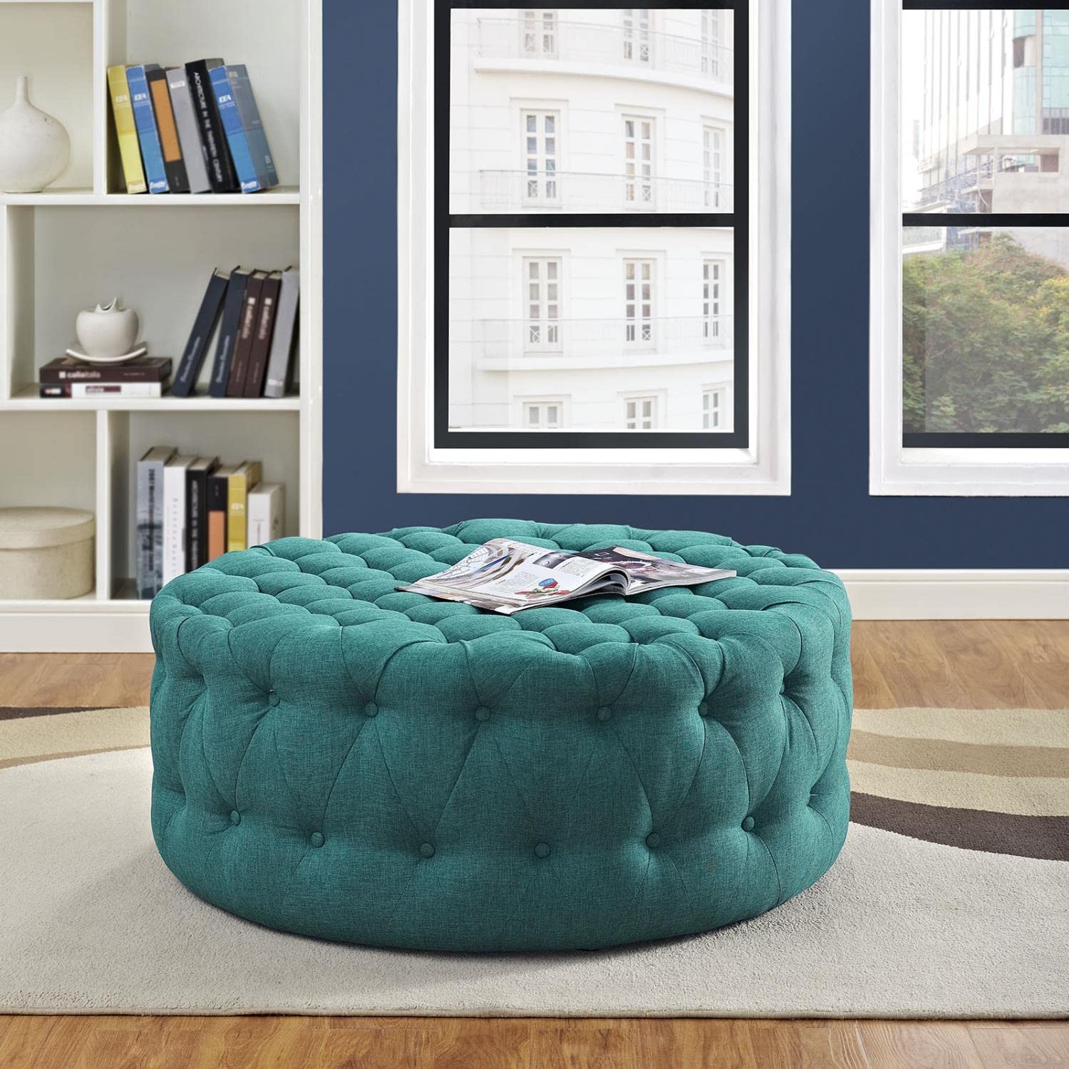 ottomans | CasaFoyer Amour Round Ottoman | Elegant Tufted Design | Plush Foam Padding | High-Quality Fabric Upholstery | Non-Marking Legs | Versatile for Bedroom, Living Room, Lounge, Office | Teal | casafoyer.myshopify.com