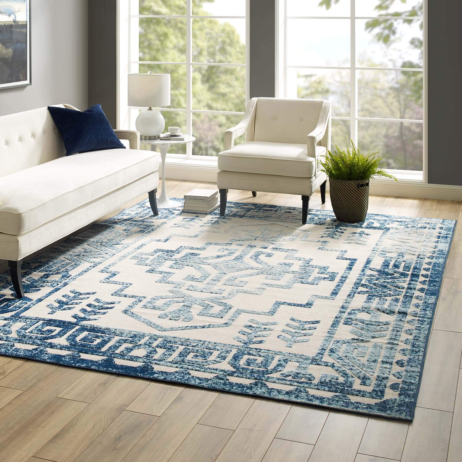 Carpet & Rugs | CasaFoyer Reflect Nyssa Distressed Geometric Southwestern Aztec Indoor/Outdoor Area Rug | 8x10 | Durable, Pet-Friendly, Easy to Clean | Ivory/Blue | casafoyer.myshopify.com