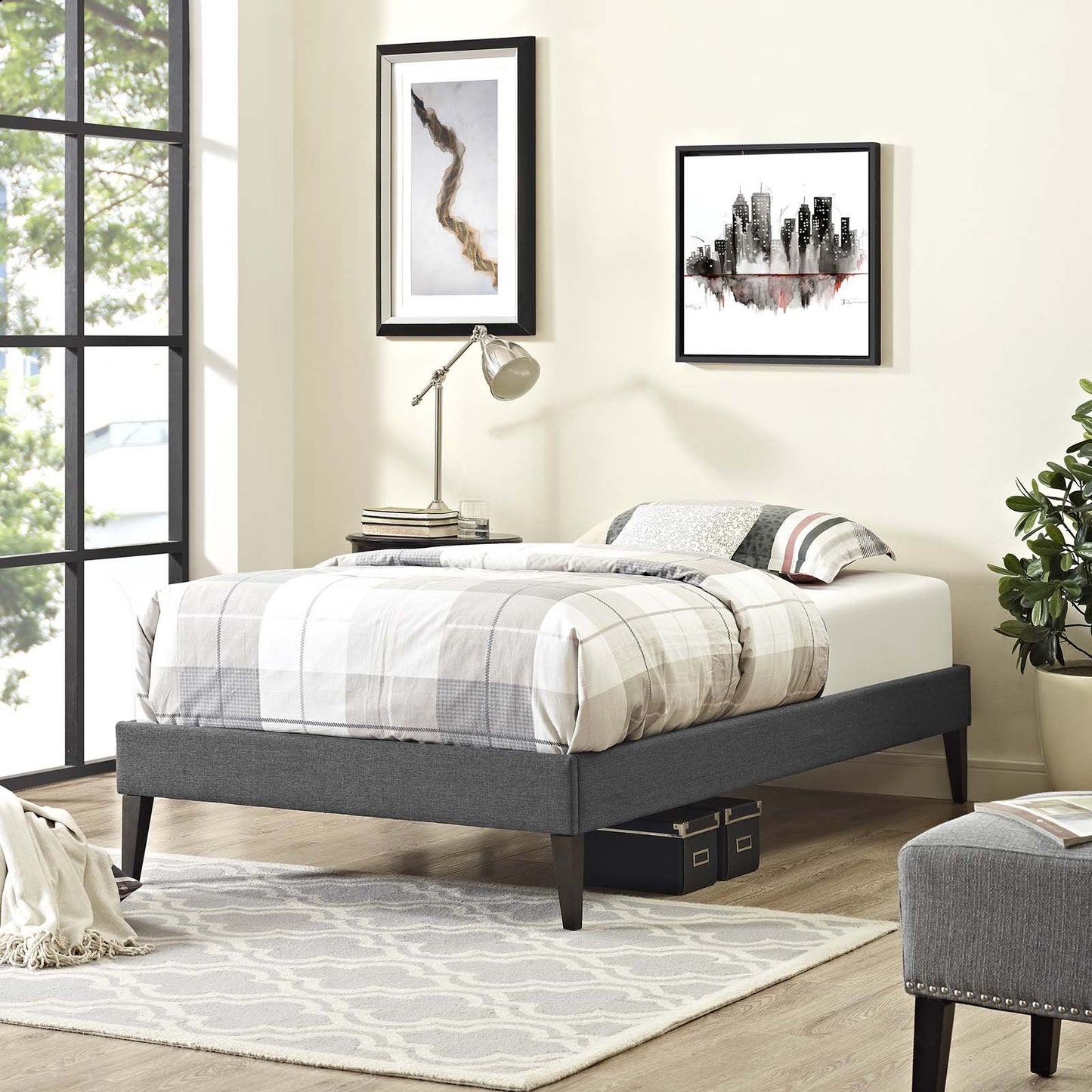Bed | CasaFoyer  Tessie Platform Bed | Solid Wood Frame | Polyester Upholstery | Tapered Legs | Gray | Twin Size | No Box Spring Needed | Mattress Not Included | casafoyer.myshopify.com