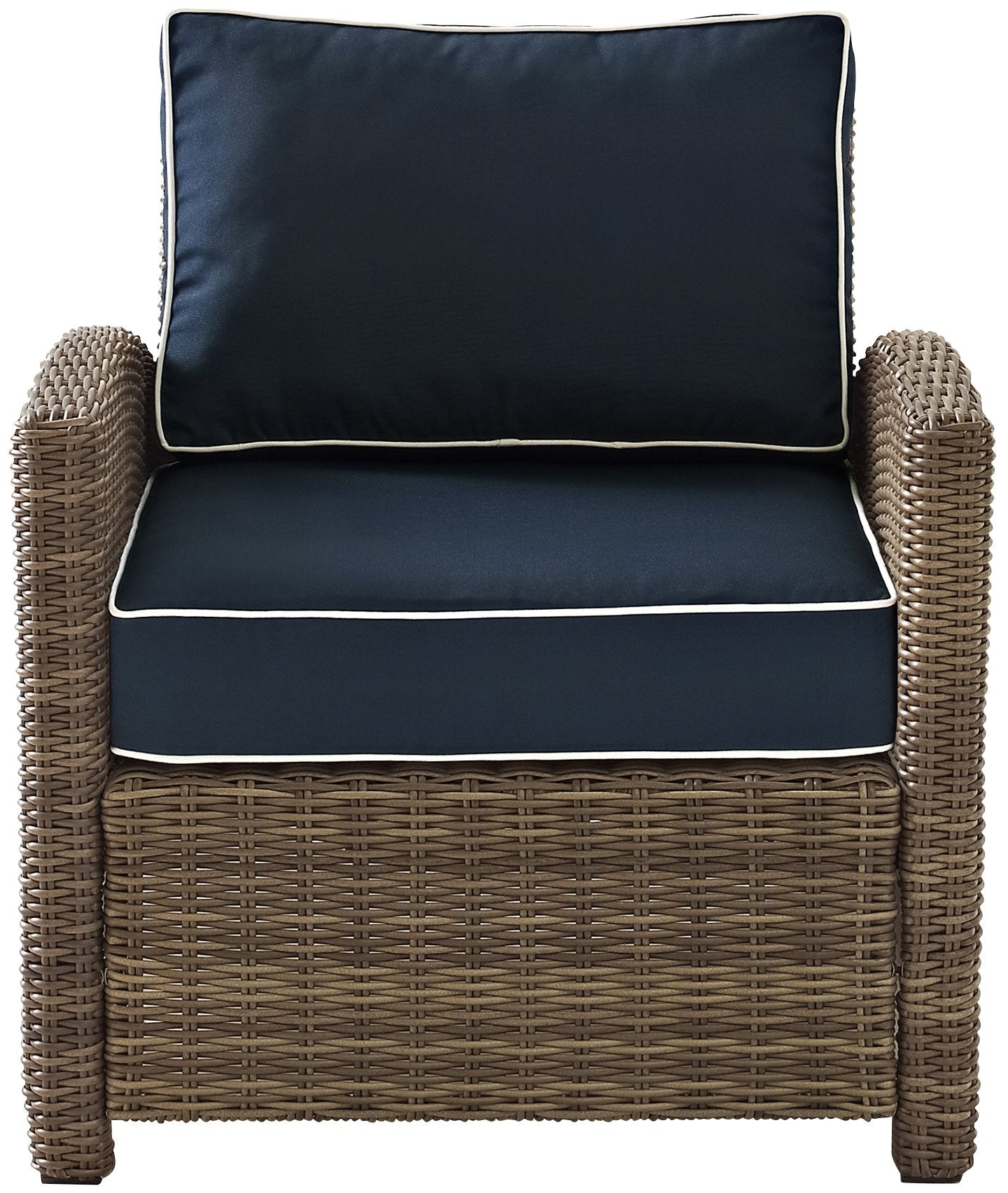 Chair | CasaFoyers Bradenton Collection | All-Weather Wicker Arm Chair with Navy Cushions | Stylish, Durable, UV Resistant | Outdoor Comfort & Elegance | casafoyer.myshopify.com
