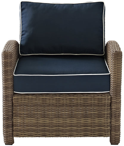 Chair | CasaFoyers Bradenton Collection | All-Weather Wicker Arm Chair with Navy Cushions | Stylish, Durable, UV Resistant | Outdoor Comfort & Elegance | casafoyer.myshopify.com