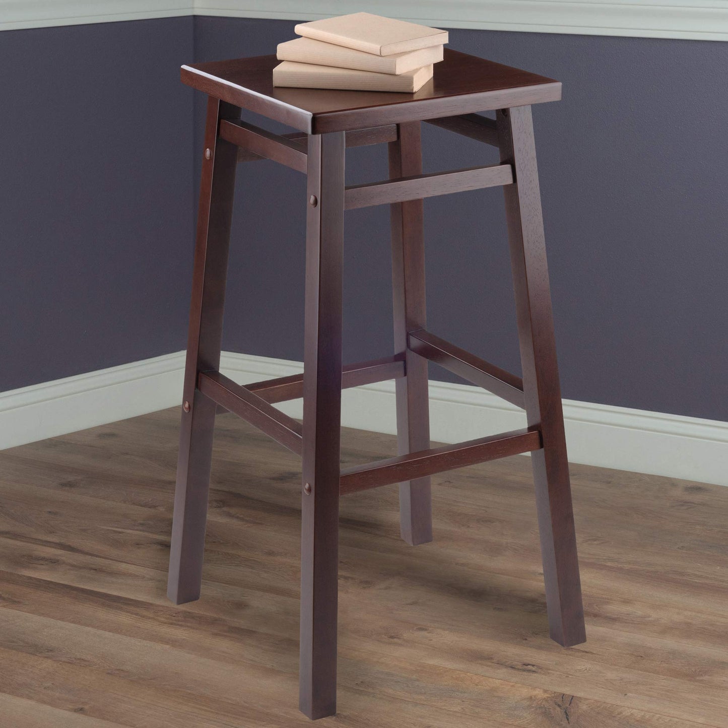 STOOL_SEATING | CasaFoyer  Wood Carter Square Seat Bar Stool | Rich Walnut Finish | Solid Wood | Lower Crossbar | 2 Heights | Spacious Seat | Easy Assembly | casafoyer.myshopify.com