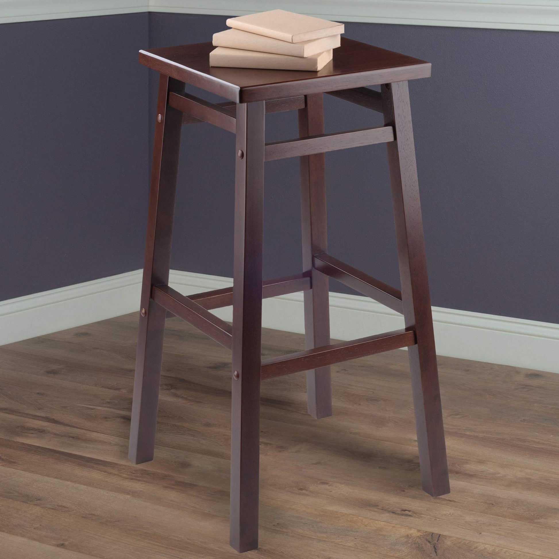 STOOL_SEATING | CasaFoyer  Wood Carter Square Seat Bar Stool | Rich Walnut Finish | Solid Wood | Lower Crossbar | 2 Heights | Spacious Seat | Easy Assembly | casafoyer.myshopify.com