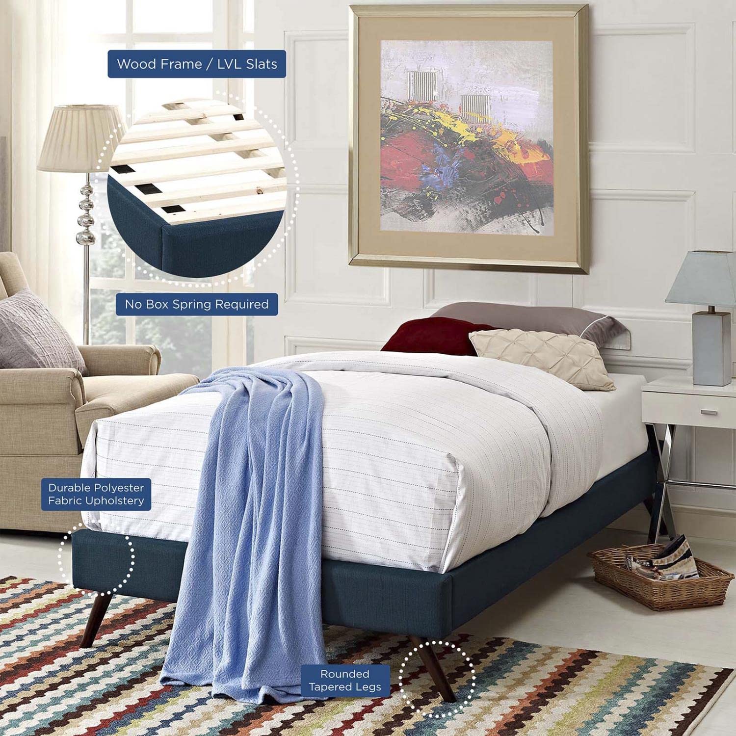 Bed | CasaFoyer Loryn Platform Bed | Solid Wood Frame | Polyester Upholstery | Wooden Slat Support System | No Box Spring Needed | Compatible with Aveline Memory Foam Mattresses | Ideal for Modern Bedrooms | casafoyer.myshopify.com