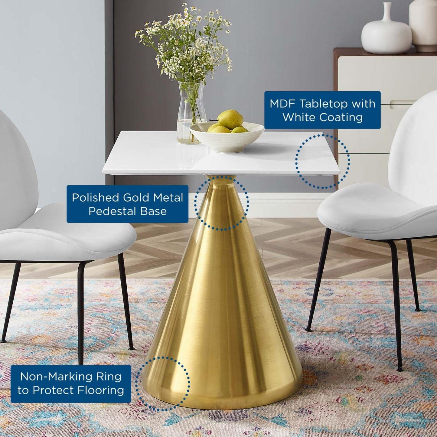 patio dining tables | CasaFoyer Tupelo 28 Square Dining Table | Modern Style | Mid-Century Influence | Polished Gold Metal Base | Easy to Clean | Non-Marking Ring | Assembly Required | casafoyer.myshopify.com