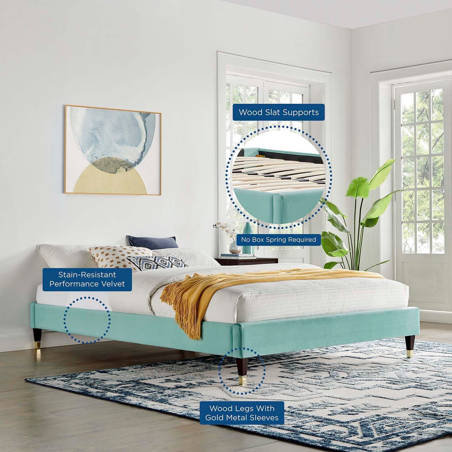 Bed | CasaFoyer Harlow Performance Velvet Queen Bed Frame | Glamorous Art Deco Style | Stain-Resistant Velvet | Robust Structure | Compatible with Various Headboards | Mint | casafoyer.myshopify.com