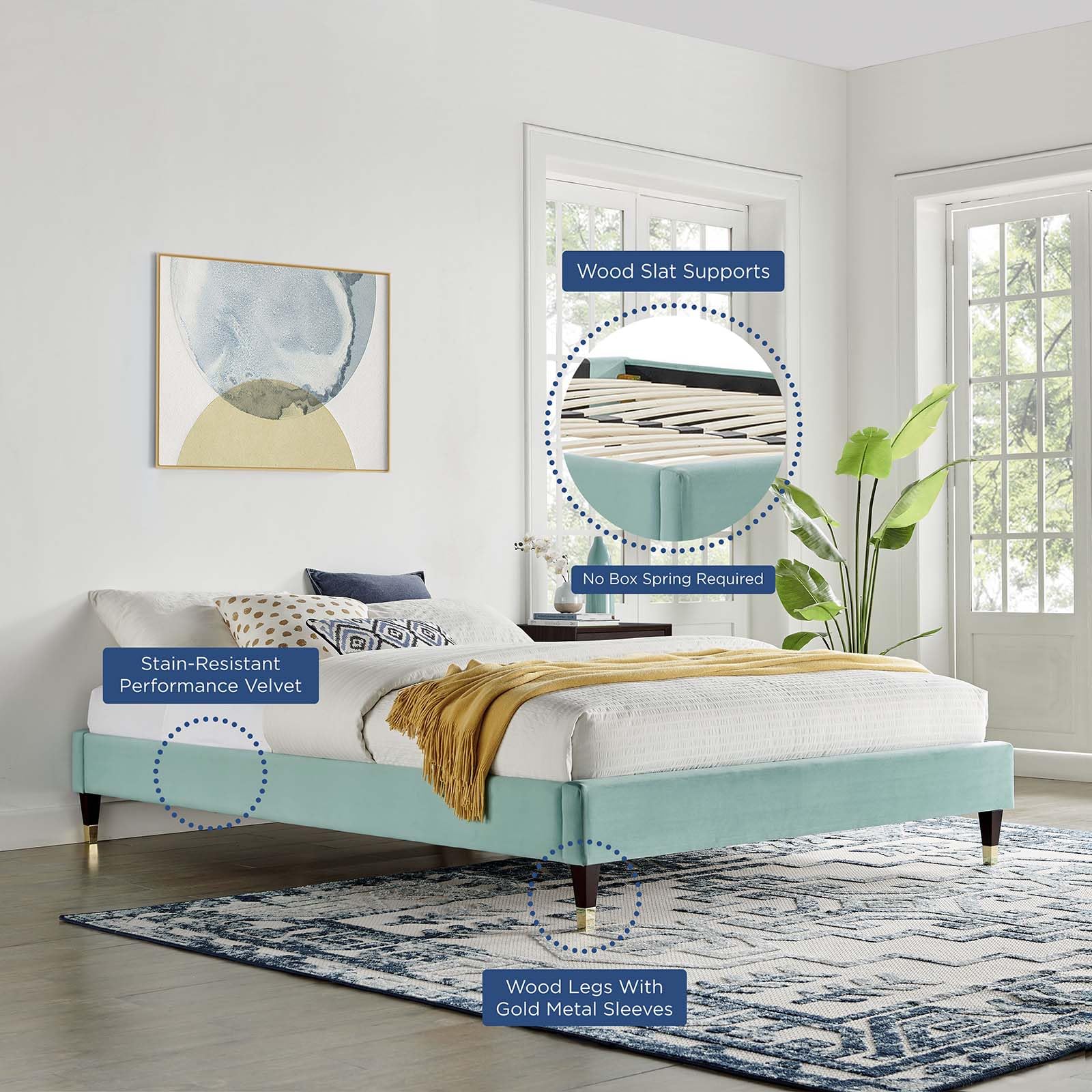 Bed | CasaFoyer Harlow Performance Velvet Queen Bed Frame | Glamorous Art Deco Style | Stain-Resistant Velvet | Robust Structure | Compatible with Various Headboards | Mint | casafoyer.myshopify.com