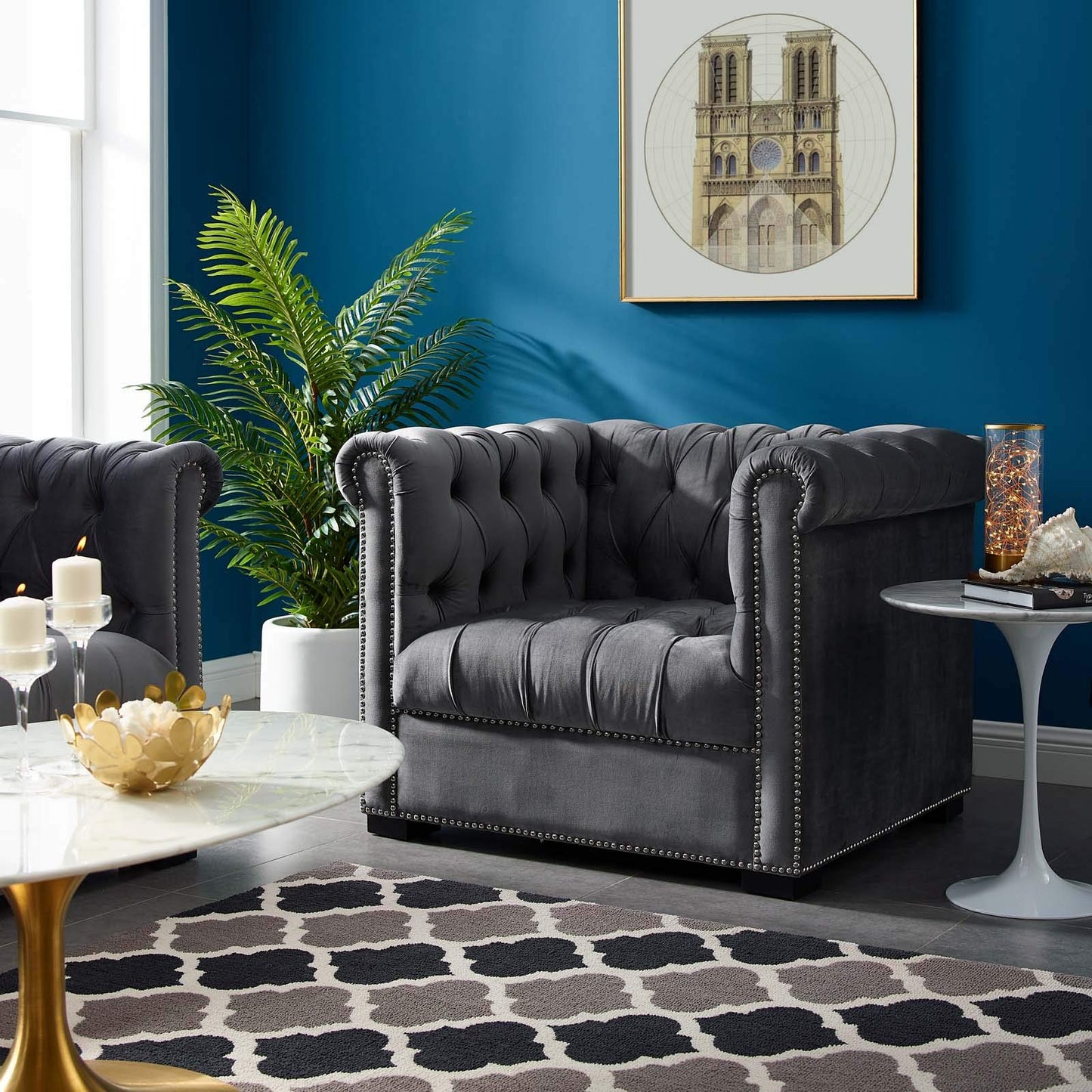 home office desk chairs | CasaFoyer Heritage Performance Velvet Armchair | Modern Classic Design | Rolled Armrests | Button Tufting | Nailhead Trim | Stain-Resistant Upholstery | Birch Wood Legs | Plush Foam Padding | Gray | casafoyer.myshopify.com