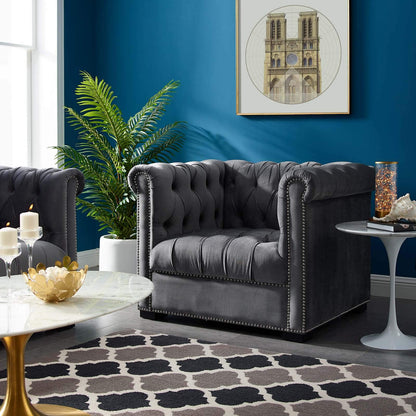 home office desk chairs | CasaFoyer Heritage Performance Velvet Armchair | Modern Classic Design | Rolled Armrests | Button Tufting | Nailhead Trim | Stain-Resistant Upholstery | Birch Wood Legs | Plush Foam Padding | Gray | casafoyer.myshopify.com