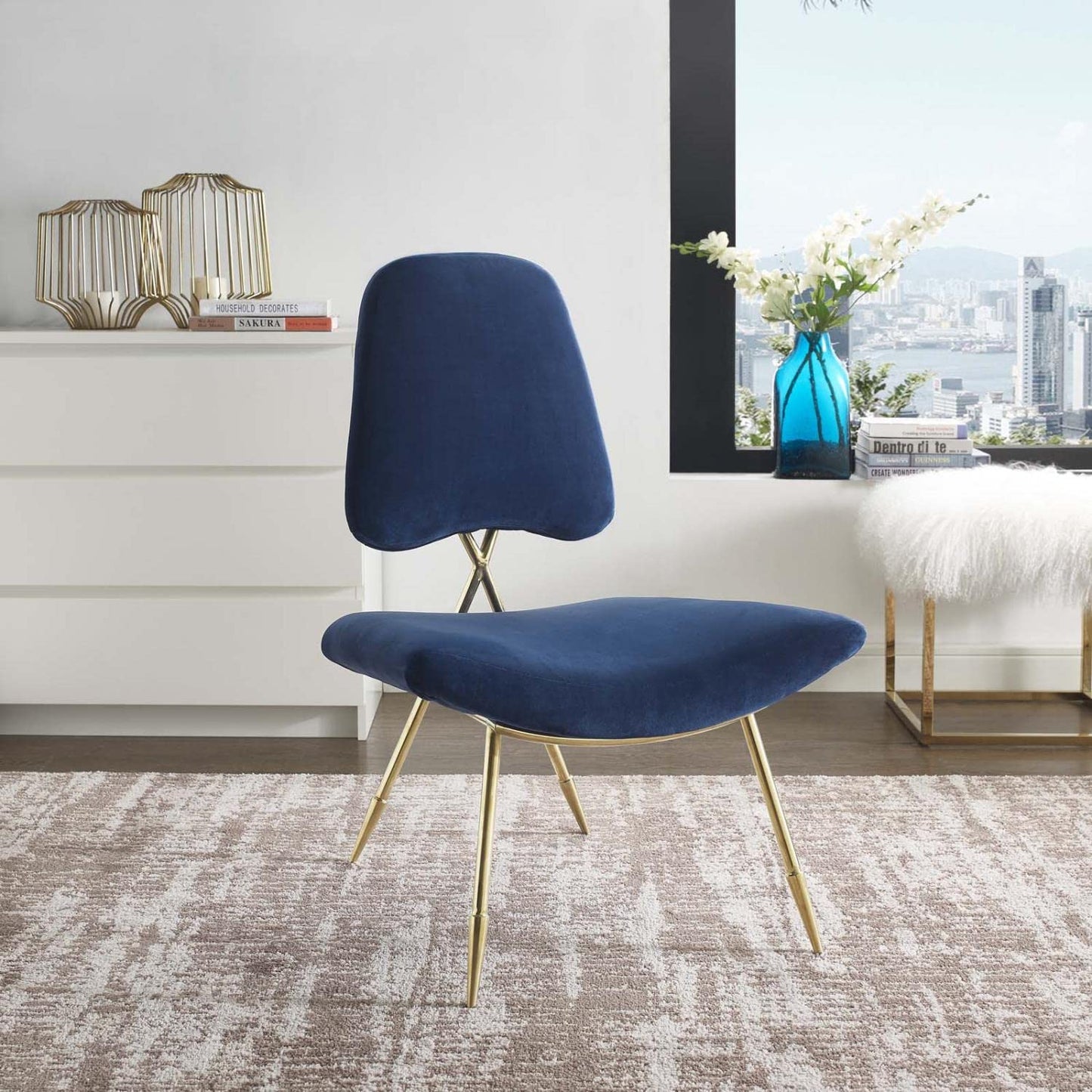 home office desk chairs | CasaFoyer Ponder Performance Velvet Lounge Chair | Comfortable | Stain-Resistant | Gold Stainless Steel Frame | Modern Navy Design | casafoyer.myshopify.com