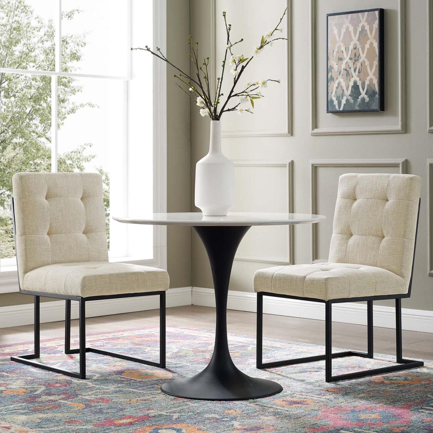 home office desk chairs | CasaFoyer Privy Dining Chair Set of 2 | Sleek Design | Polyester Upholstery | Matte Black Stainless Steel Base | Black Beige | casafoyer.myshopify.com