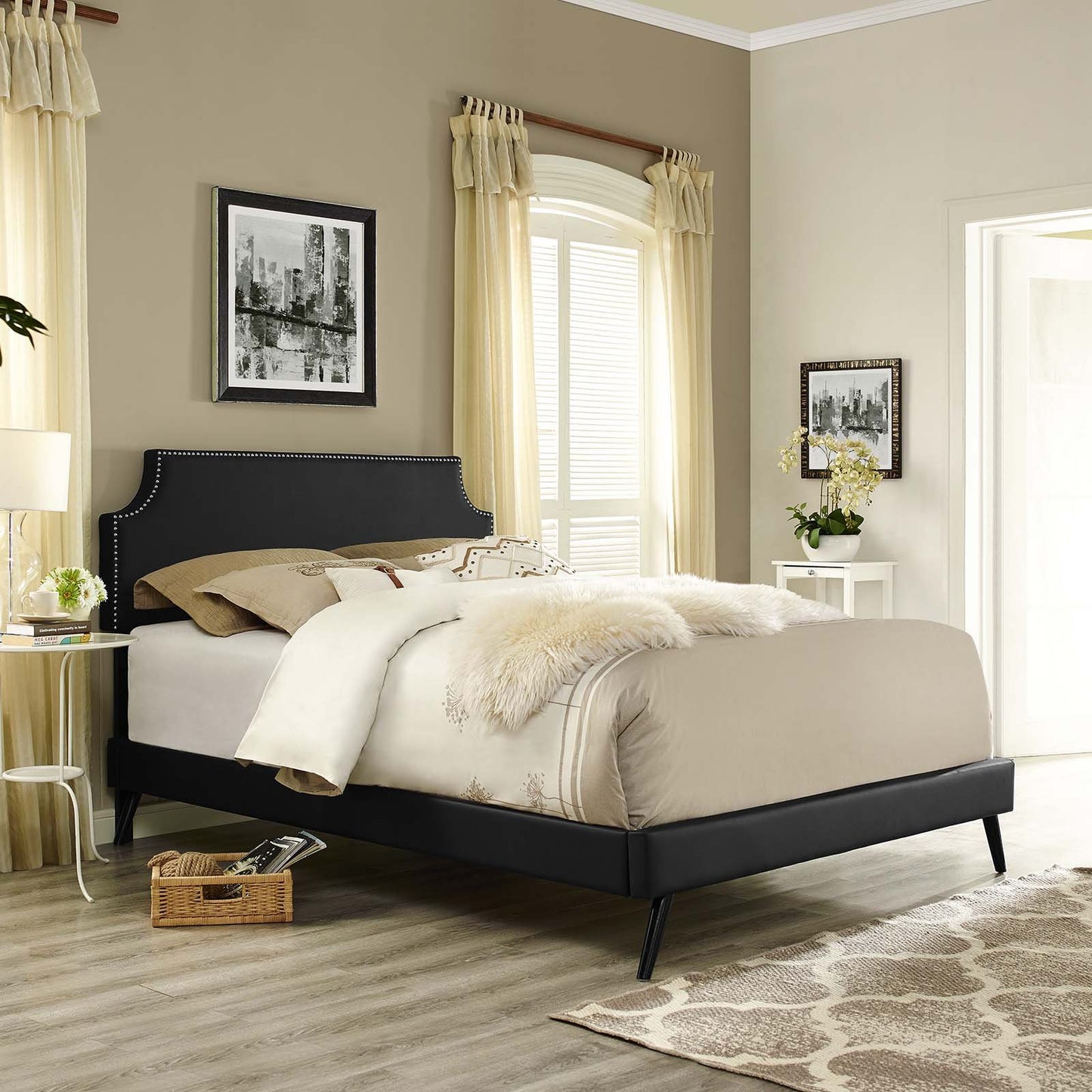 adjustable bed bases | CasaFoyer Corene Platform Bed | Solid Wood Frame | Vinyl Upholstery | Tapered Legs | 10 Wood Slats | No Box Spring Needed | Queen Size | Black | casafoyer.myshopify.com