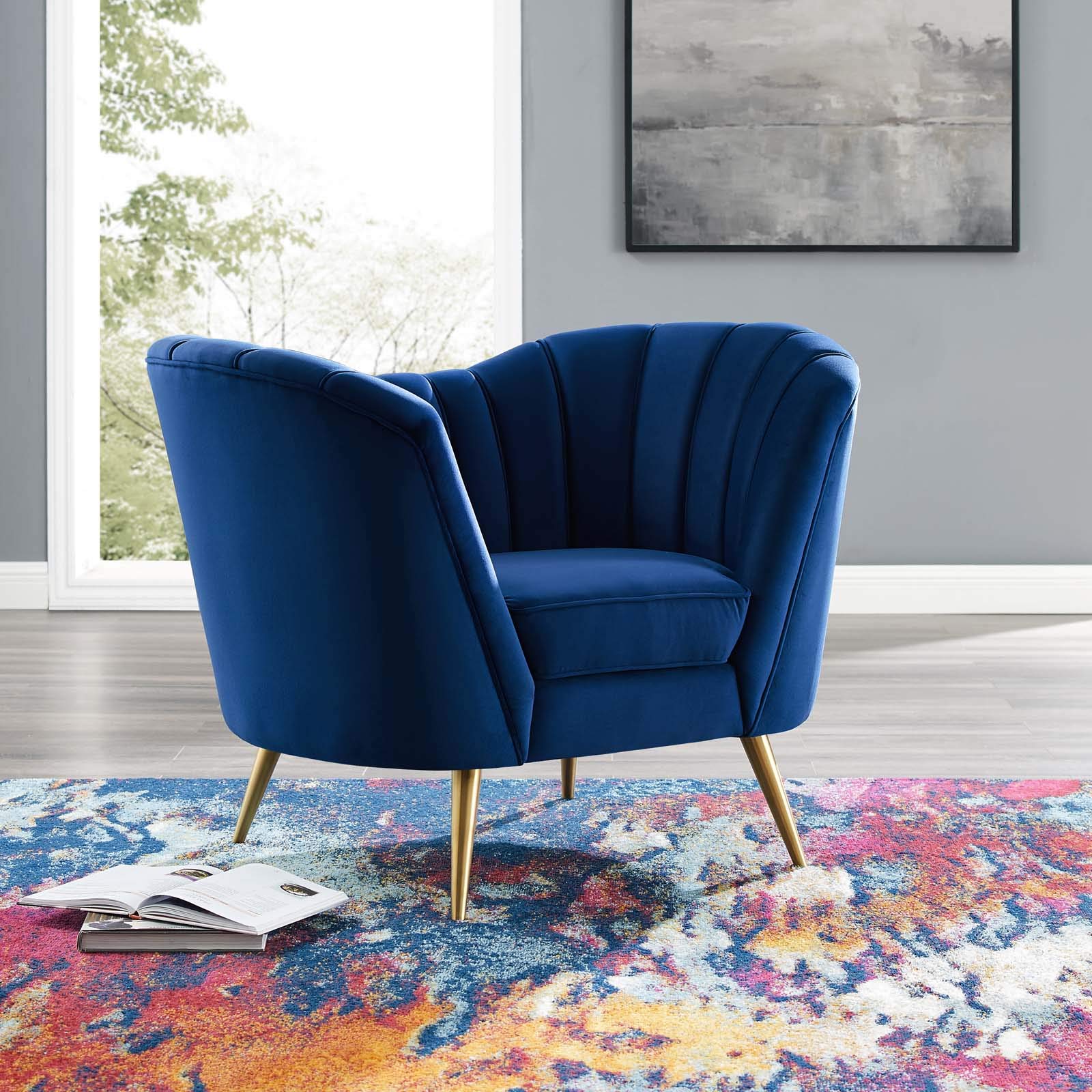 home office desk chairs | CasaFoyer Opportunity Armchair | Curved Performance Velvet | Vertical Channel Tufted | Navy | casafoyer.myshopify.com