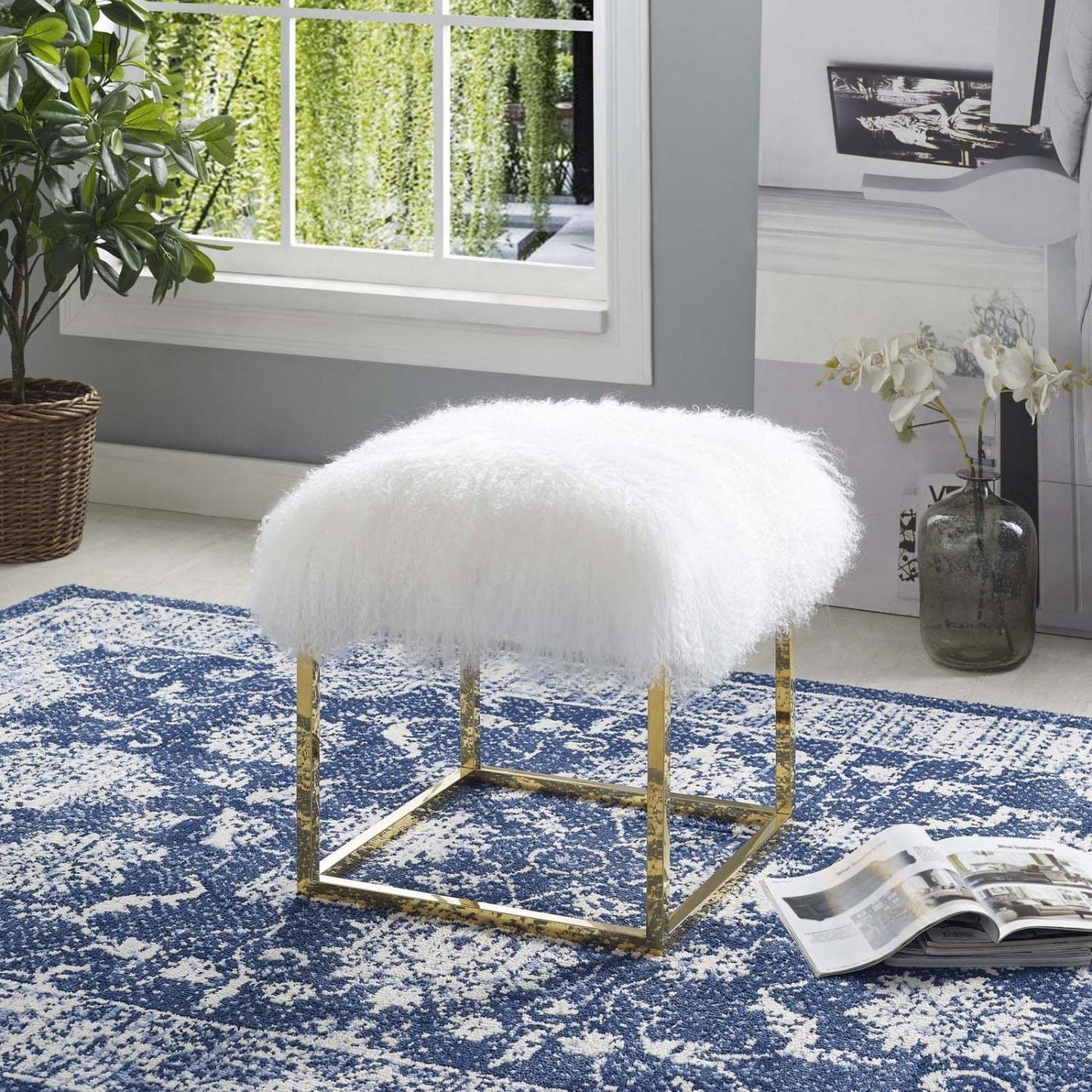 ottomans | CasaFoyer Anticipate Ottoman | Elegant & Sophisticated Gold White Sheepskin Upholstery | No Assembly | Supports up to 265 lbs | Perfect for Bedroom, Living Space, or Entryway | casafoyer.myshopify.com