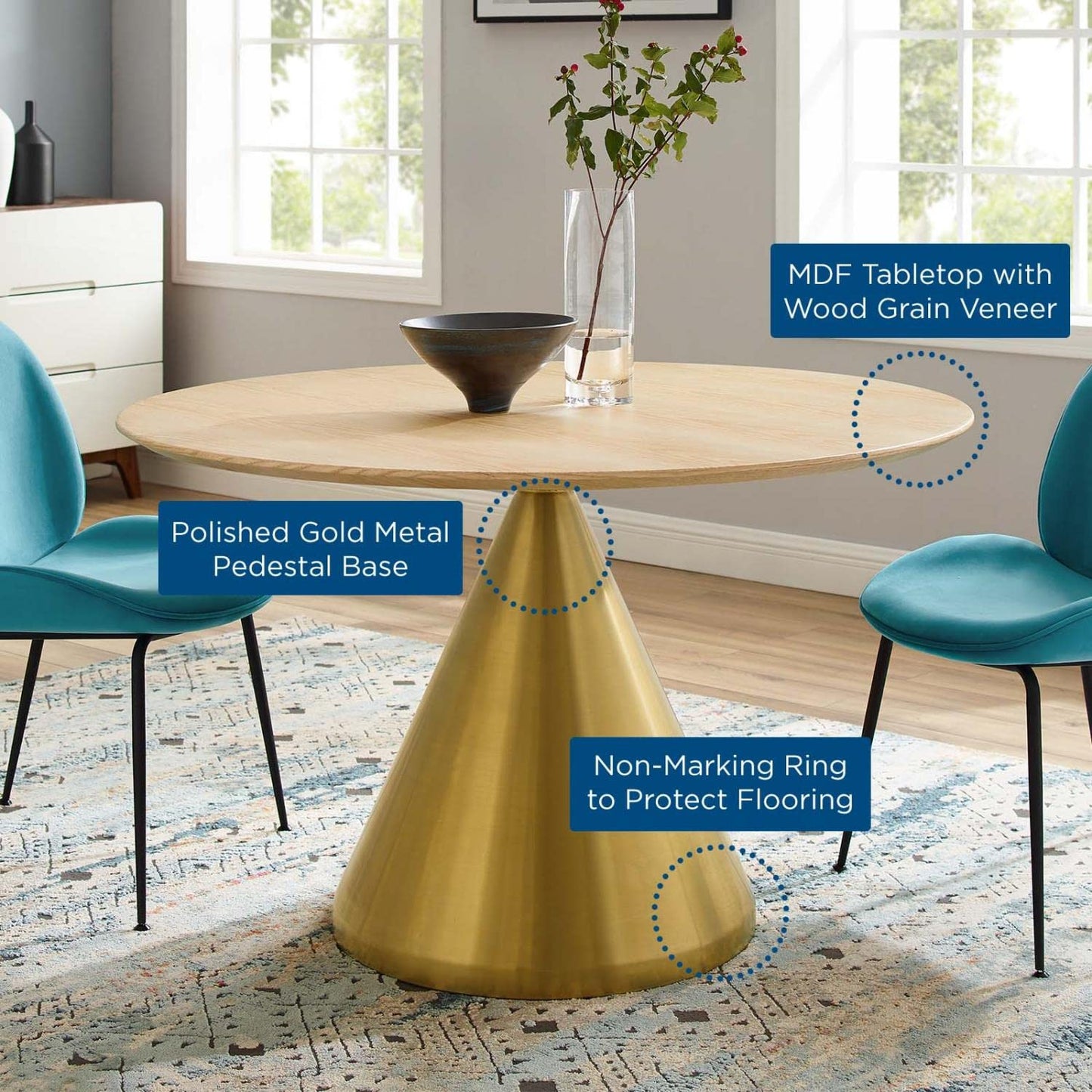 patio dining tables | CasaFoyer Tupelo 47 Dining Table | Modern Style | Mid-Century Influence | Organic Shape | Gold Metal Base | Easy to Clean | Non-Marking Ring | Assembly Required | casafoyer.myshopify.com