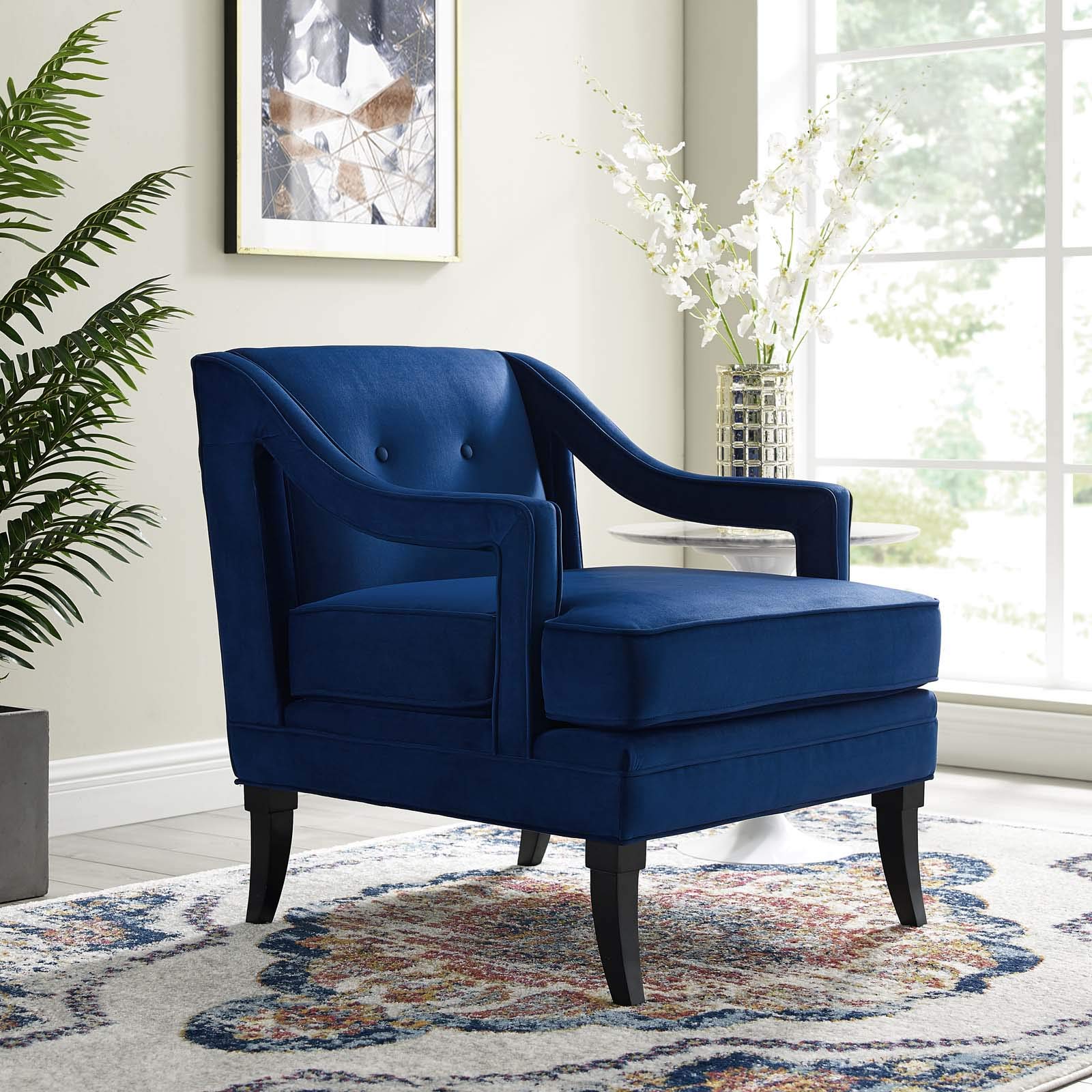 home office desk chairs | CasaFoyer Concur Performance Velvet Armchair | Chic Design | Stain-Resistant | Plush Cushion | Machine Washable Cover | Solid Birch Legs | Navy | casafoyer.myshopify.com