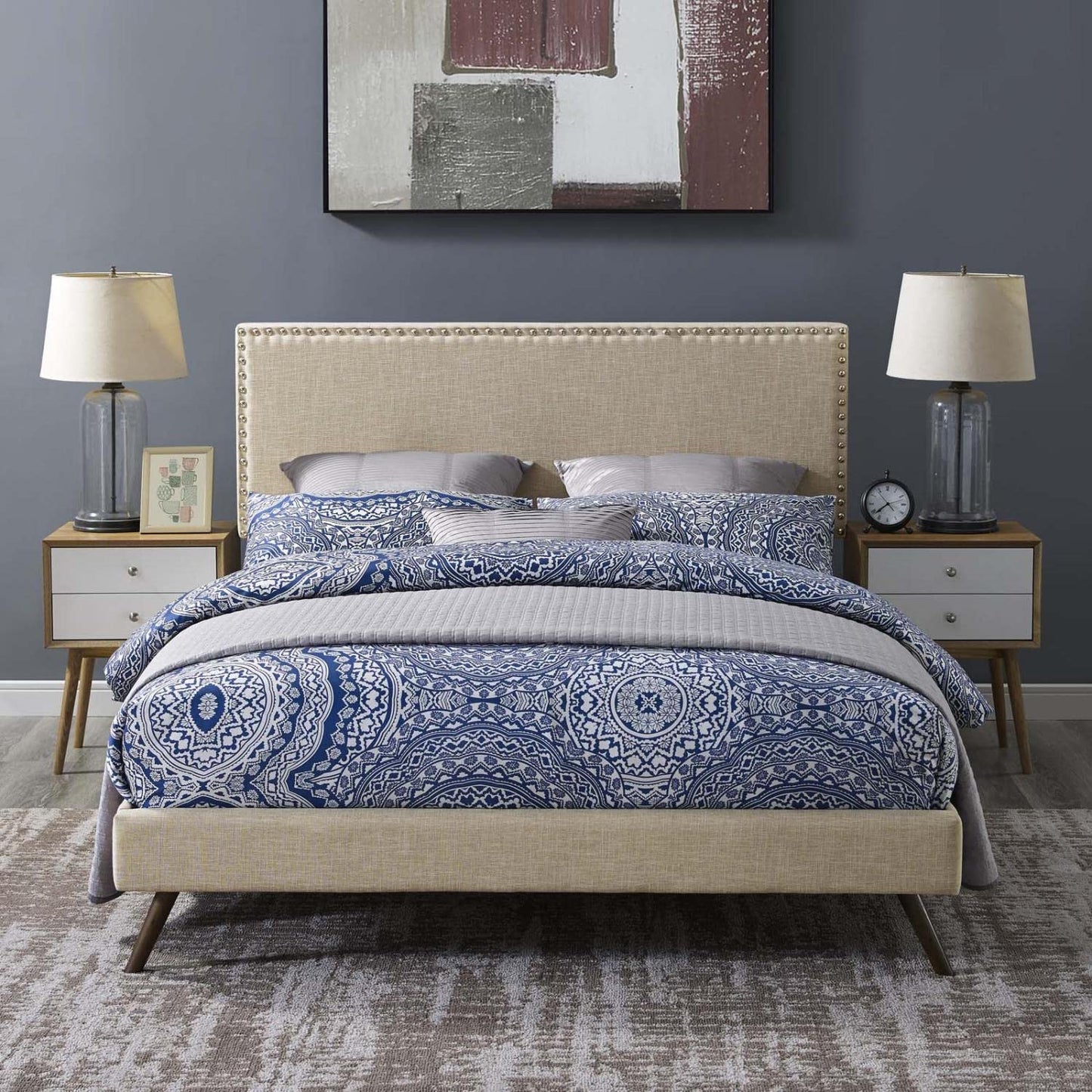adjustable bed bases | CasaFoyer Macie Platform Bed | Solid Wood Frame | Polyester Upholstery | Tapered Legs | No Box Spring Needed | Memory Foam Compatible | Queen Size | Beige | casafoyer.myshopify.com