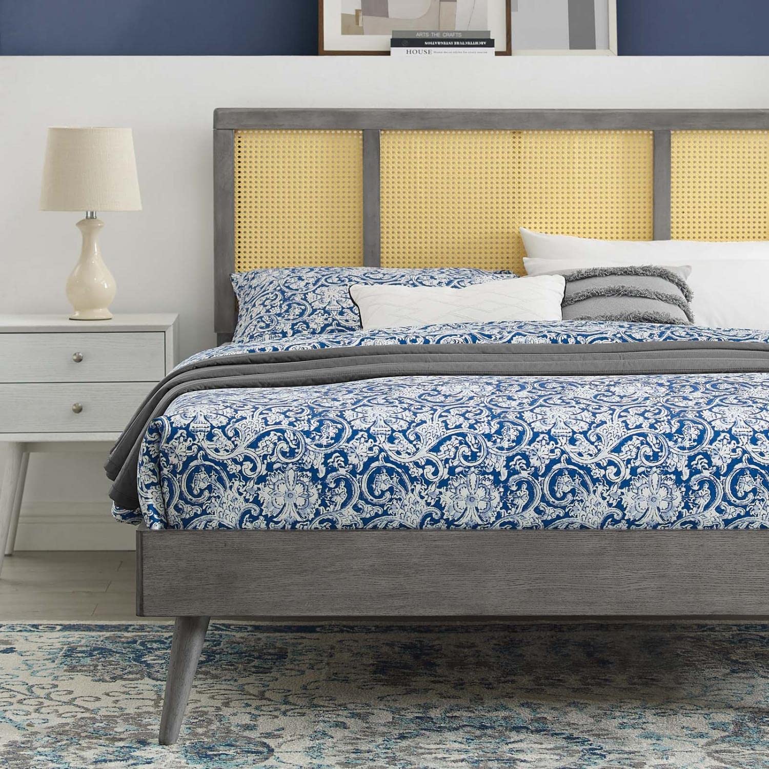 adjustable bed bases | CasaFoyer Kelsea Woven Cane Rattan Wood Full Platform Bed | Retro Detail | Organic Aesthetics | Mid-Century Modern with Tropical Flair | Sturdy | No Box Spring Needed | Gray | casafoyer.myshopify.com