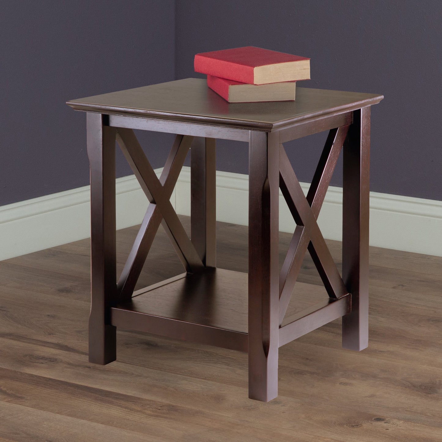 TABLE | Ergode Xola End Table | Stylish X Panel Design | 20W x 19.1D x 21.9H | Lower Shelf for Convenient Storage | Rich Cappuccino Finish | casafoyer.myshopify.com