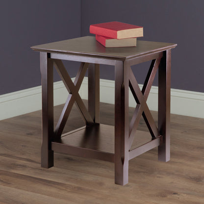 TABLE | Ergode Xola End Table | Stylish X Panel Design | 20W x 19.1D x 21.9H | Lower Shelf for Convenient Storage | Rich Cappuccino Finish | casafoyer.myshopify.com