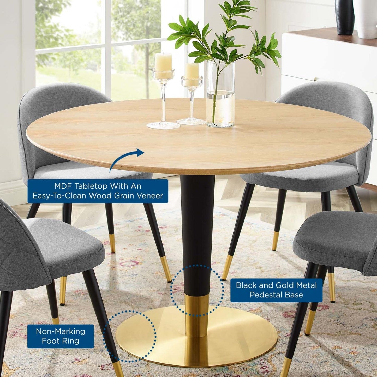 patio dining tables | CasaFoyer Zinque 47 Dining Table | Modern Mid-Century Design | MDF Tabletop with Wood Grain Veneer | Black & Gold Tapered Base | Easy to Clean | Non-Marking Ring | Assembly Required | casafoyer.myshopify.com