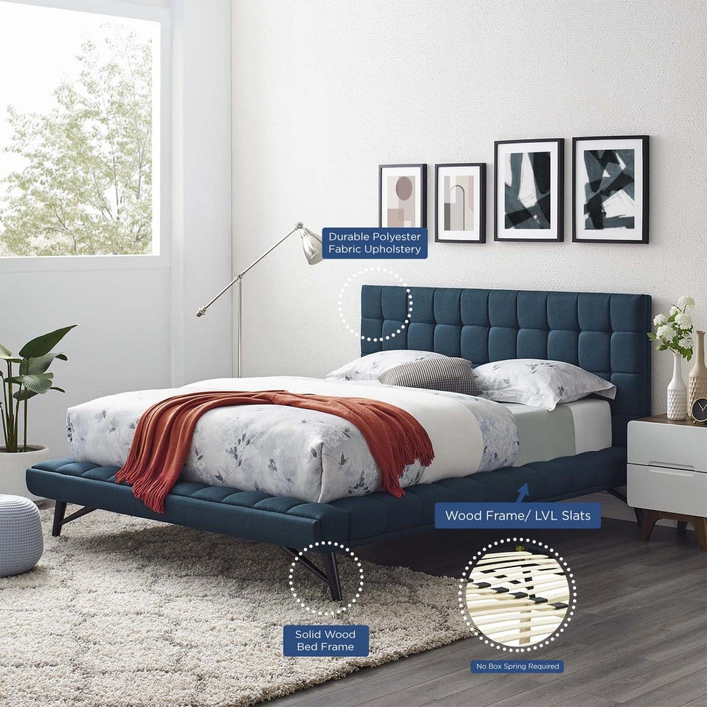 Bed | CasaFoyer Julia Queen Platform Bed | Mid-Century Elegance | Biscuit Tufted | Polyester Upholstery | Sturdy Frame | Wood Legs | Comfortable Foam Padding | No Box Spring Needed | Blue | casafoyer.myshopify.com