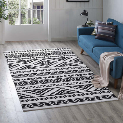 Carpet & Rugs | CasaFoyer Haku Geometric Moroccan Tribal Area Rug | Modern Design | Soft Polyester Microfiber | Durable Jute Bottom | Stain-Resistant | Easy to Maintain | 5x8 | Black and White | casafoyer.myshopify.com