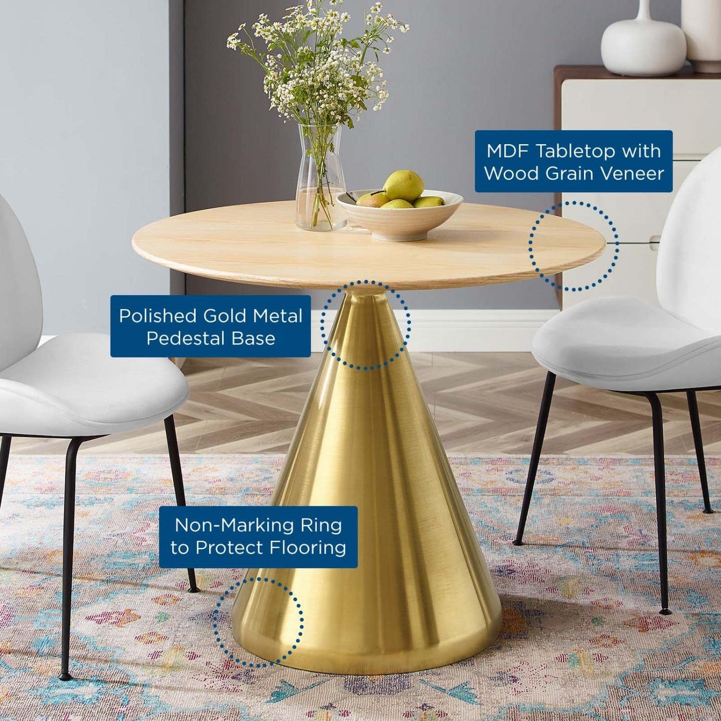 patio dining tables | CasaFoyer Tupelo 36 Dining Table | Modern Style | Mid-Century Influence | Polished Gold Metal Base | MDF & Wood Grain Veneer | Non-Marking Ring | Easy Assembly | casafoyer.myshopify.com