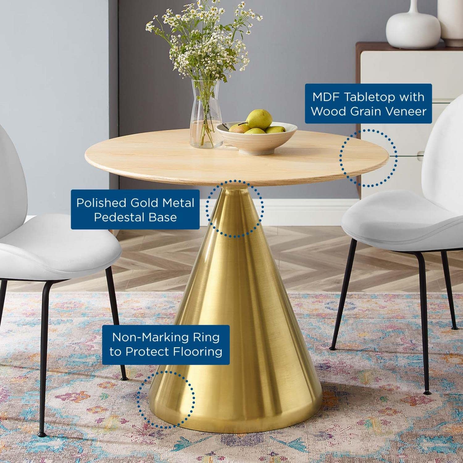 patio dining tables | CasaFoyer Tupelo 36 Dining Table | Modern Style | Mid-Century Influence | Polished Gold Metal Base | MDF & Wood Grain Veneer | Non-Marking Ring | Easy Assembly | casafoyer.myshopify.com