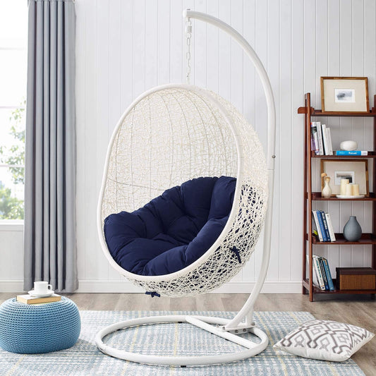 porch swings | Ergode Hide Swing Chair with Stand | Synthetic Rattan | Sunbrella Cushion | Powder-Coated Steel Frame | Patio, Backyard, Porch, Poolside Decor | Indoor Lounge, Living, Bedroom | Weather & UV Resistant | White Navy | casafoyer.myshopify.com