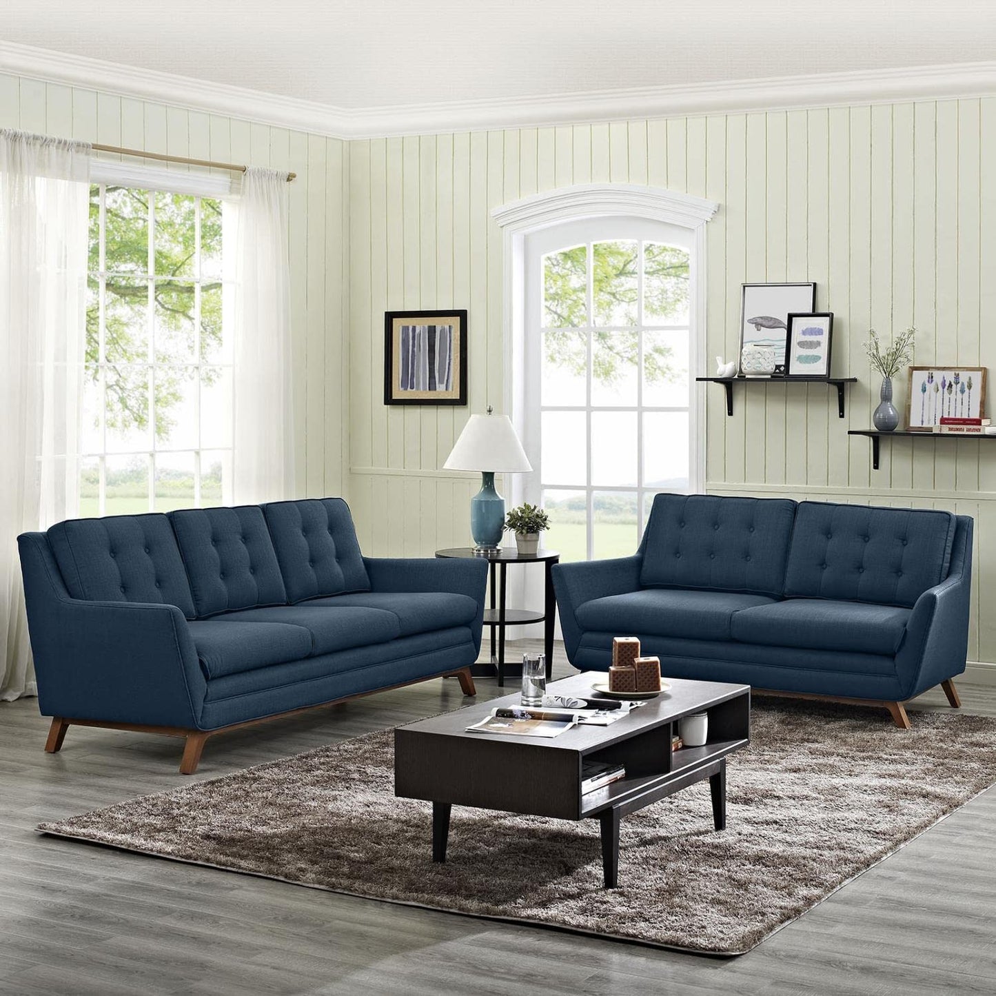 sofas | CasaFoyer Beguile Collection | Mid-Century Fabric Loveseat & Sofa Set | Walnut Base | Tufted Back Cushions | Plush Seats | Ideal for Living Room or Lounge | casafoyer.myshopify.com