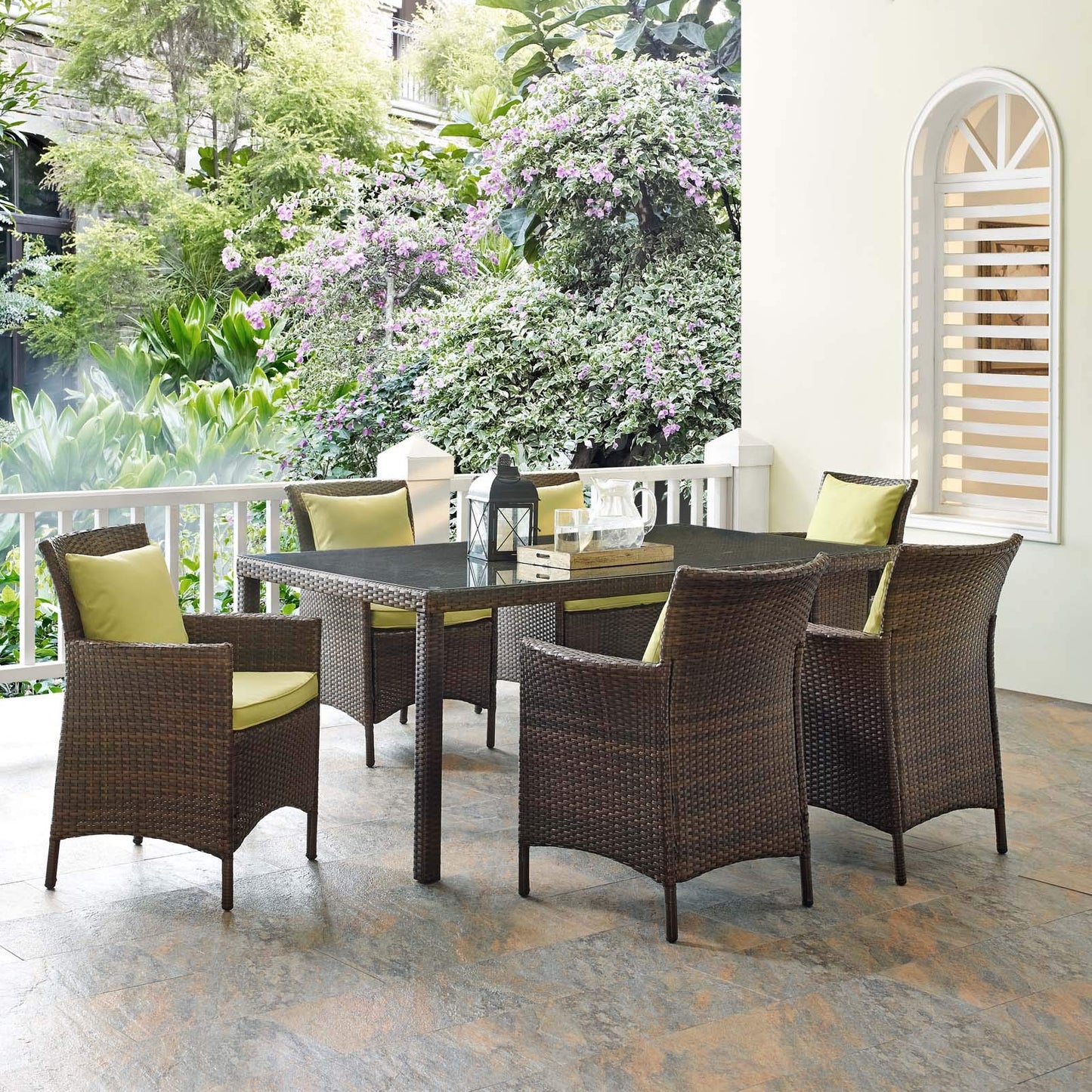 kitchen and dining room sets | CasaFoyer Conduit 7 Piece Outdoor Patio Dining Set | Transitional Style | UV-Resistant Wicker Rattan | Tempered Glass Tabletop | Comfortable Cushions | casafoyer.myshopify.com