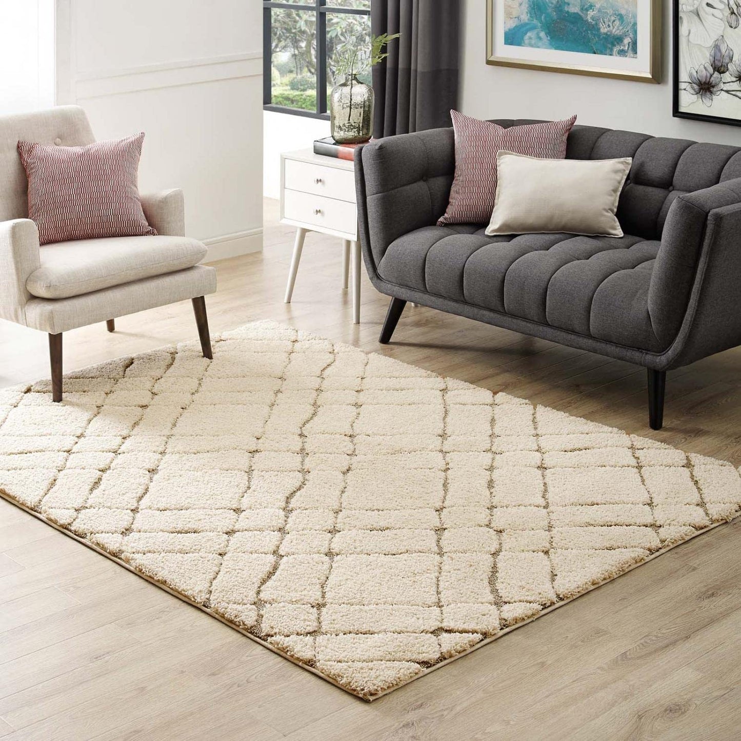 area rugs | CasaFoyer Jubilant Abstract Geometric Area Rug | Modern Design | Durable Polypropylene Shag | Jute Backing | 1.18-inch Pile | Non-Shedding | Stain-Resistant | Easy to Clean | 5x8 | Cream and Beige | casafoyer.myshopify.com