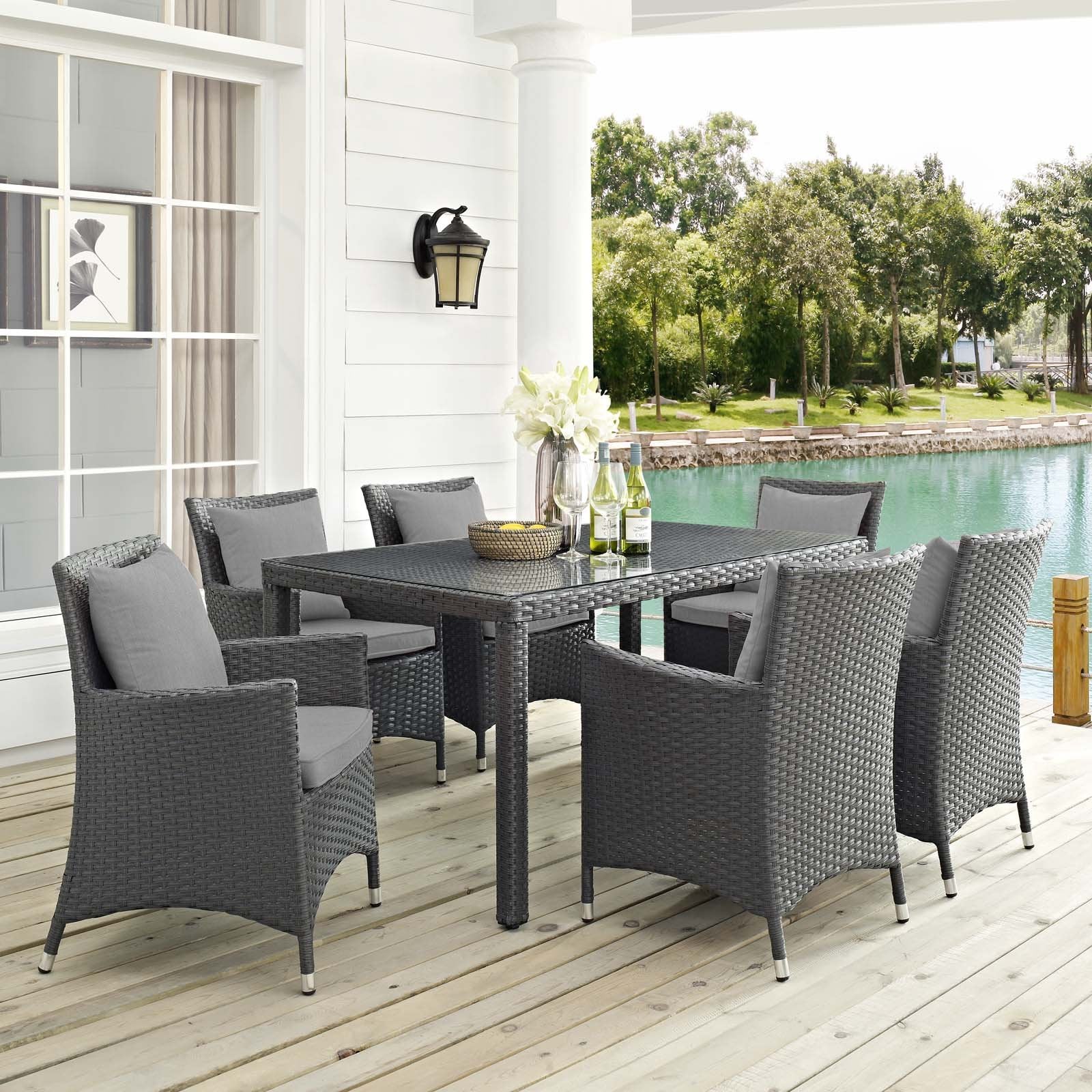 kitchen and dining room sets | CasaFoyer Sojourn Outdoor Patio Furniture Set | 7 Piece Dining Collection | Sunbrella Cushions | Synthetic Rattan Weave | UV Protection | Aluminum Frame | casafoyer.myshopify.com